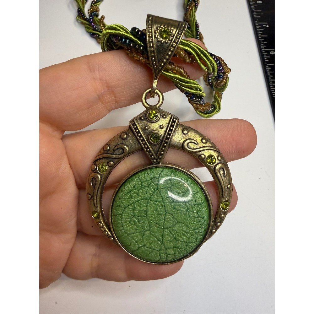 Green Crackle Resin Pendant Necklace Brass Tone Bohemian Multi Strand Ribbon